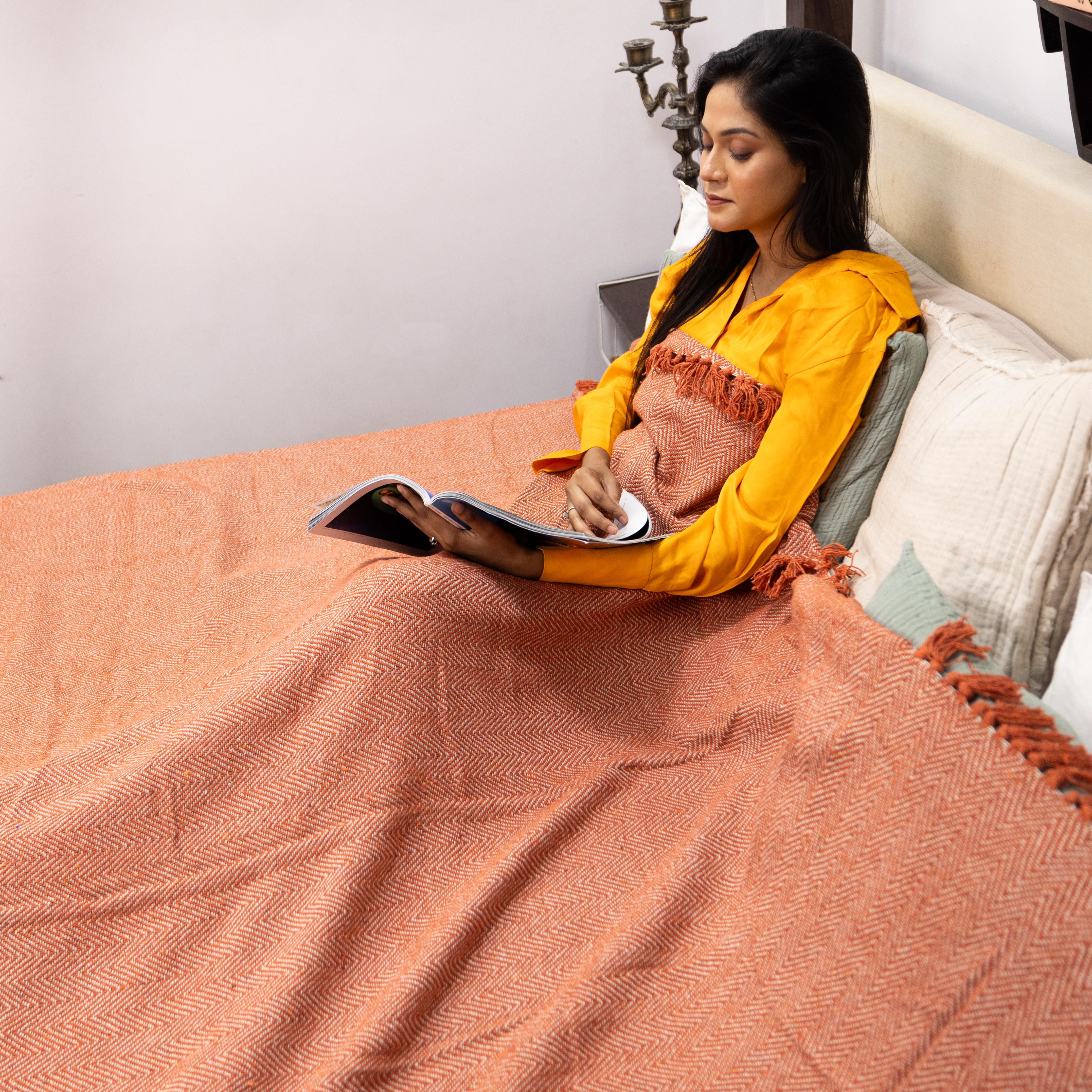 100% Cotton Throw Reversible Orange Blankets (Herringbone Pattern)