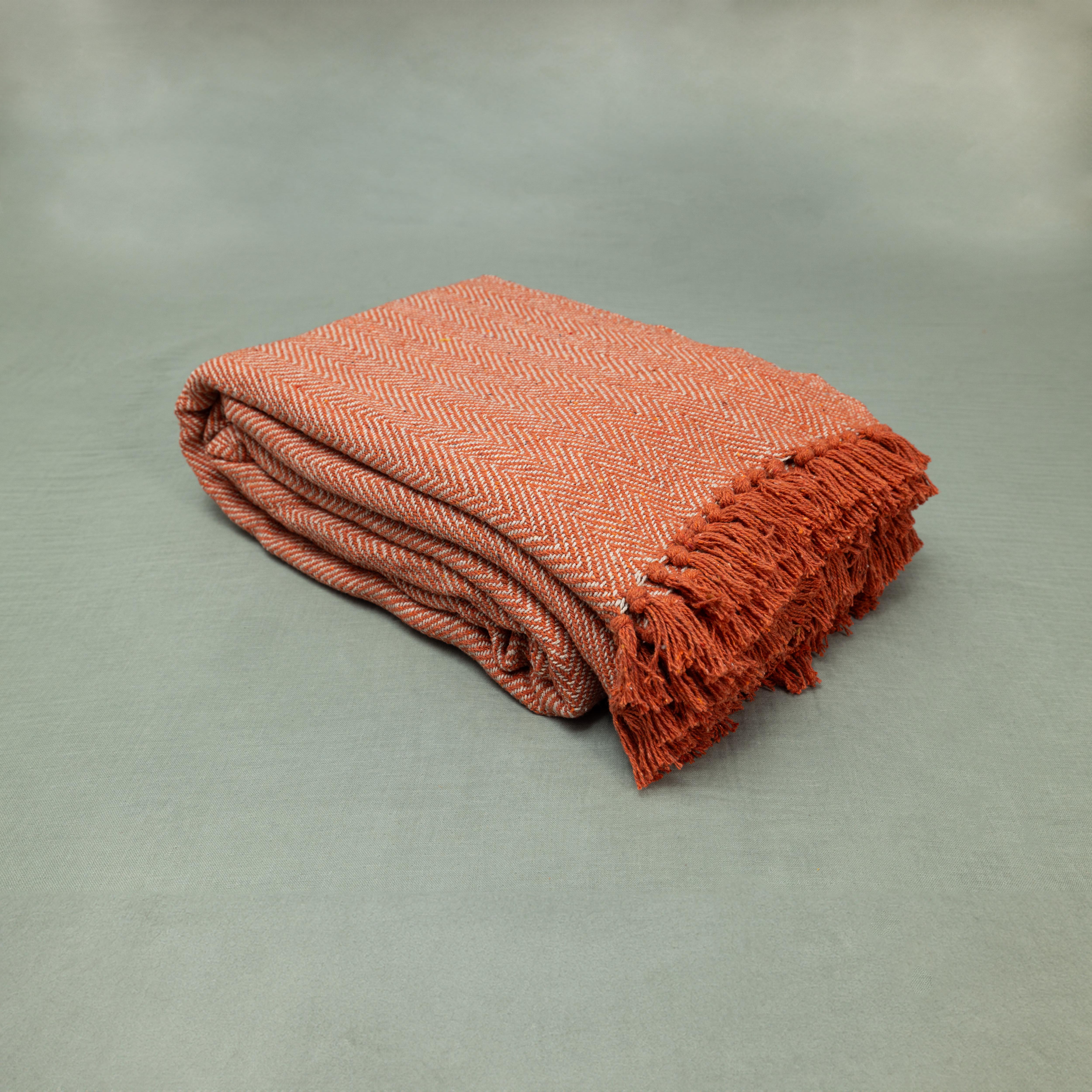 100% Cotton Throw Reversible Orange Blankets (Herringbone Pattern)