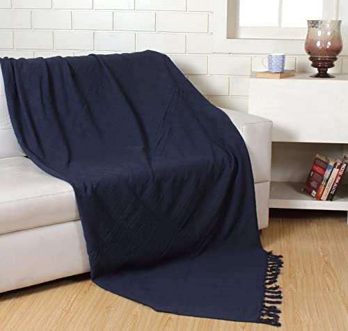 100% Cotton Throw Reversible Navy Blue Blankets (Batten Pattern)