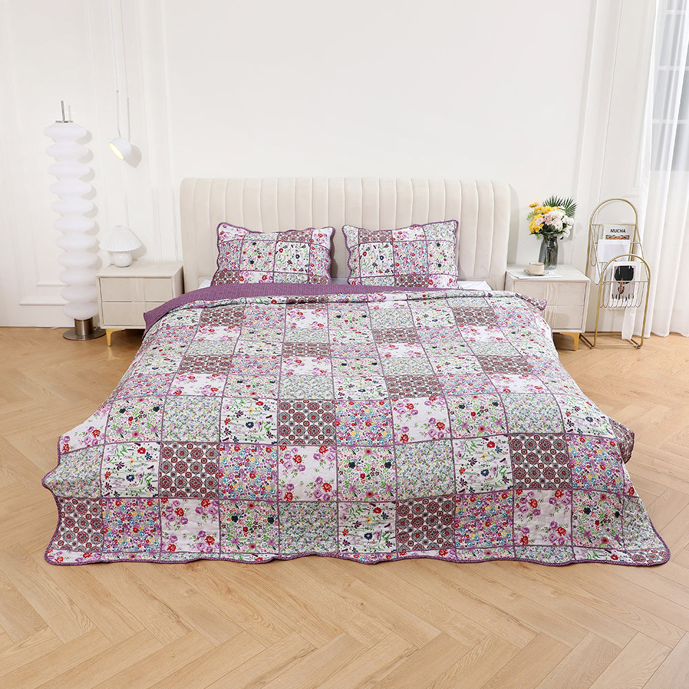 3 Piece Printed Patchwork Bedspread