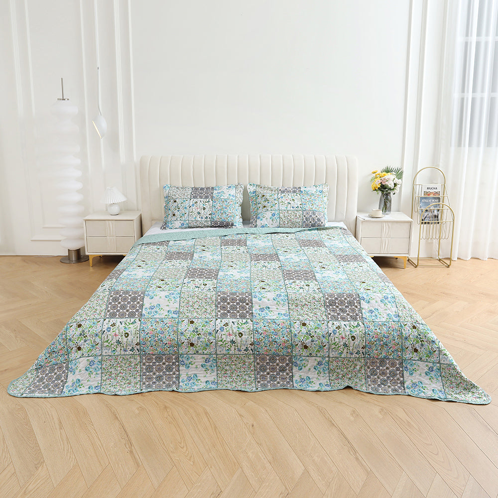 3 Piece Printed Patchwork Bedspread