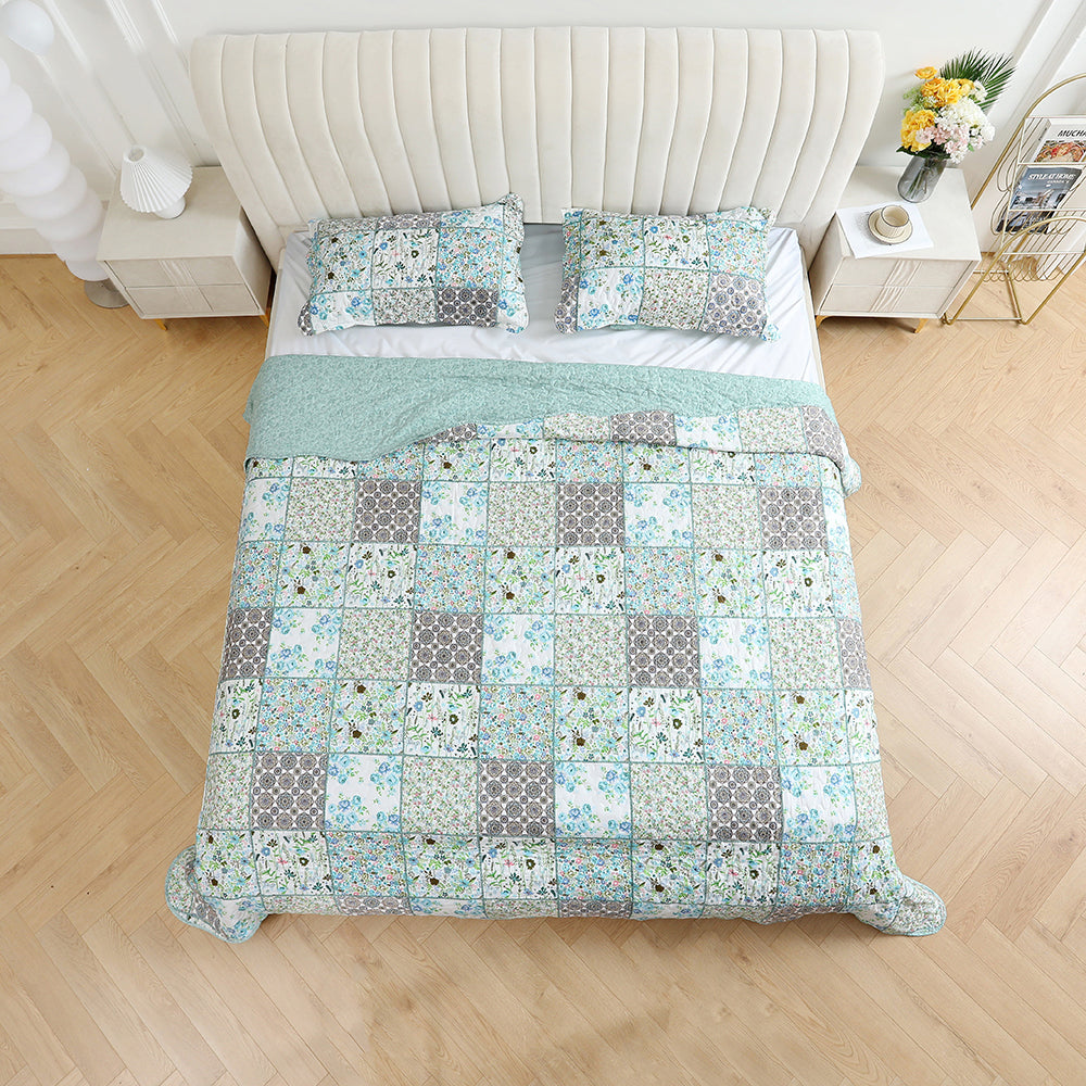 3 Piece Printed Patchwork Bedspread