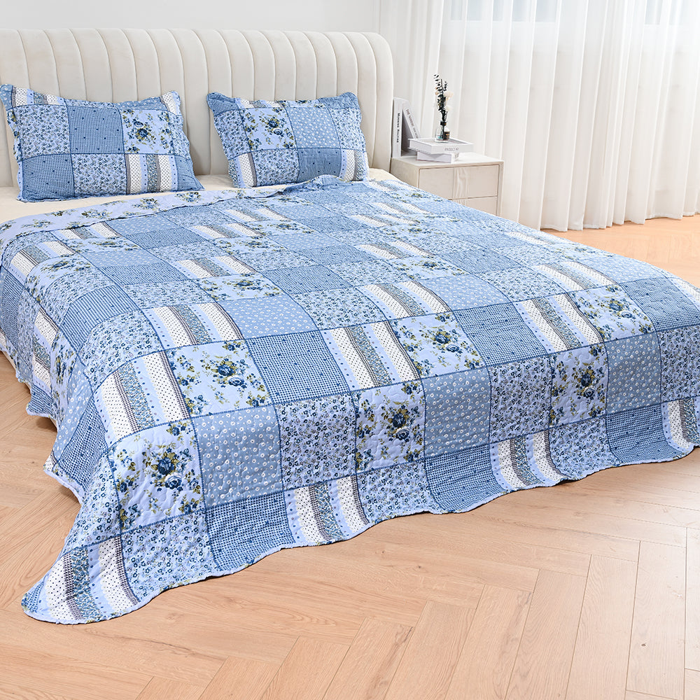 3 Piece Printed Patchwork Bedspread