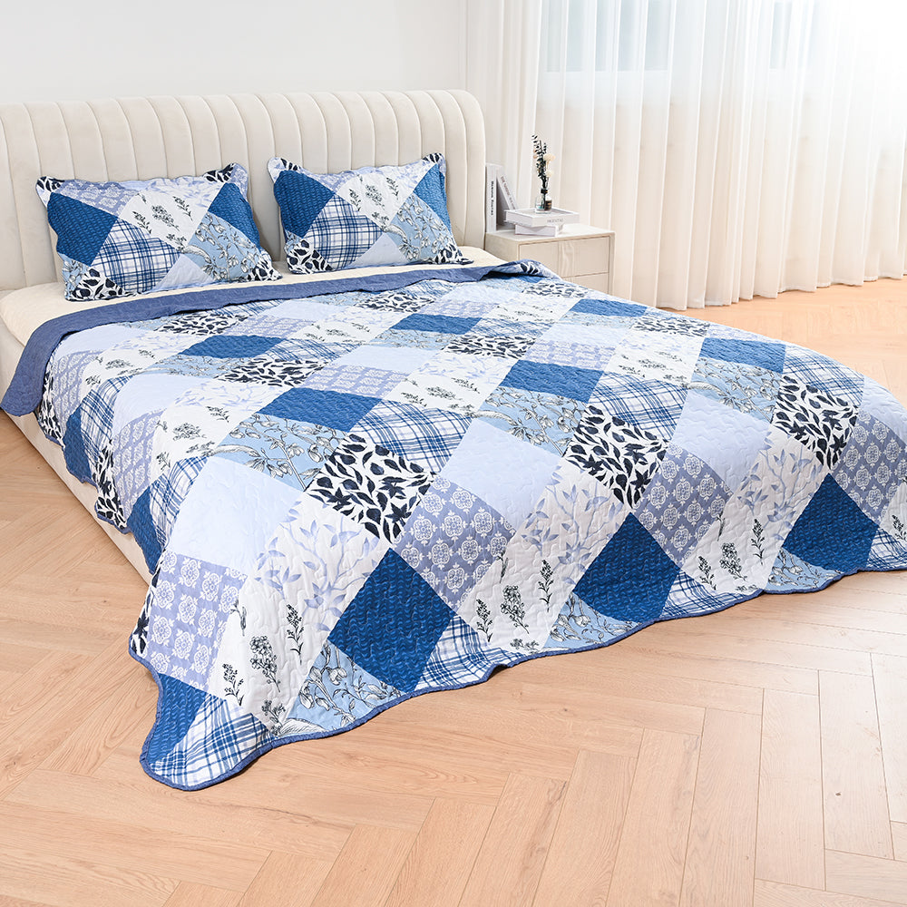 3 Piece Printed Patchwork Bedspread