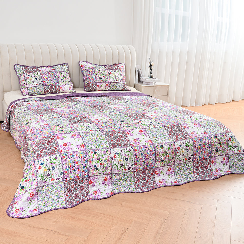 3 Piece Printed Patchwork Bedspread