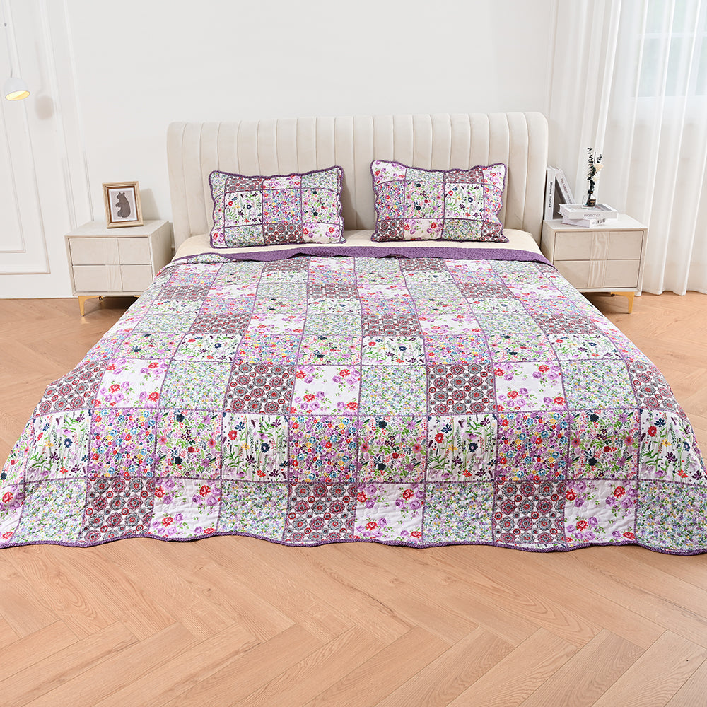 3 Piece Printed Patchwork Bedspread