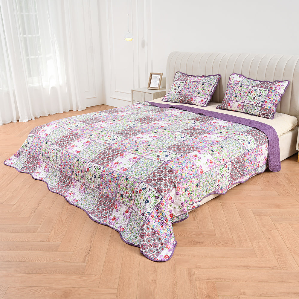 3 Piece Printed Patchwork Bedspread