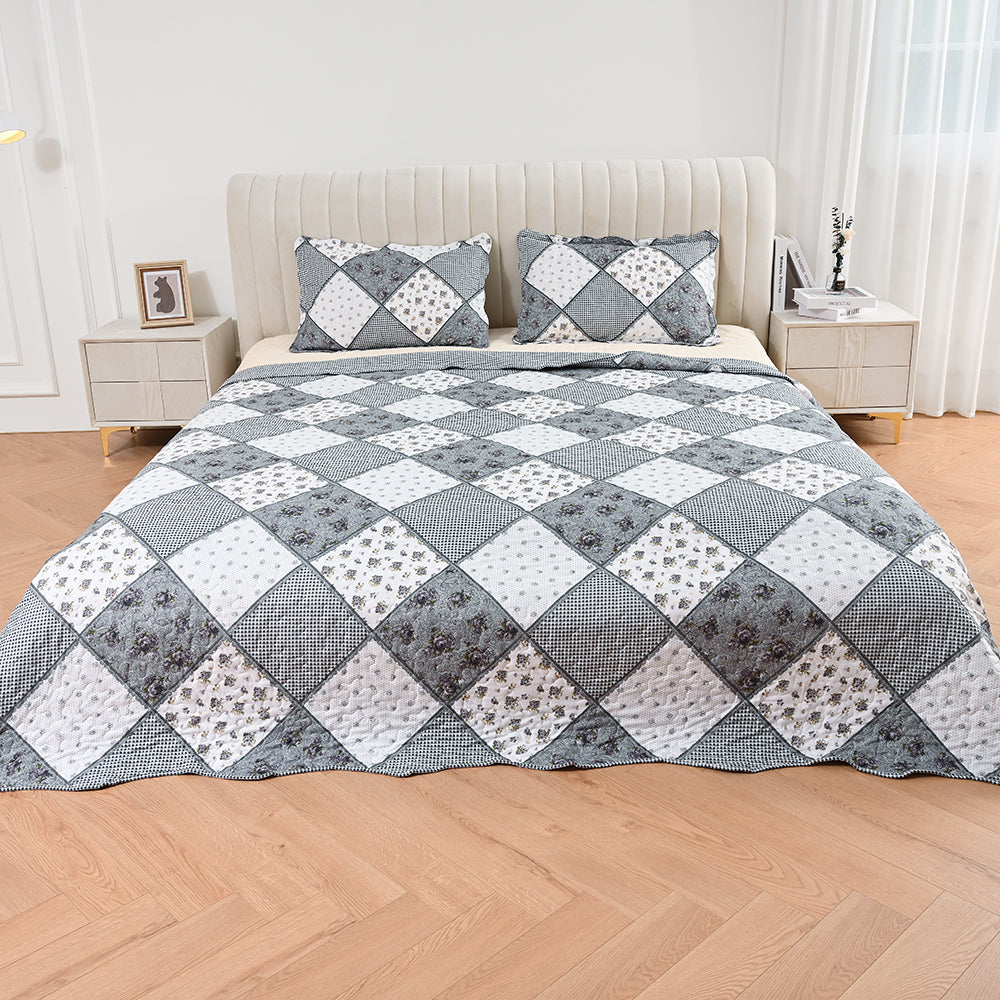 3 Piece Printed Patchwork Bedspread