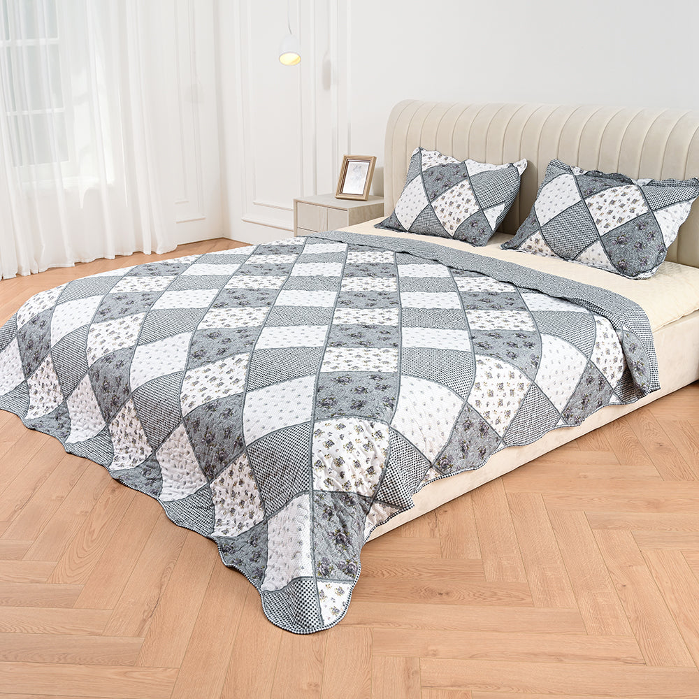 3 Piece Printed Patchwork Bedspread