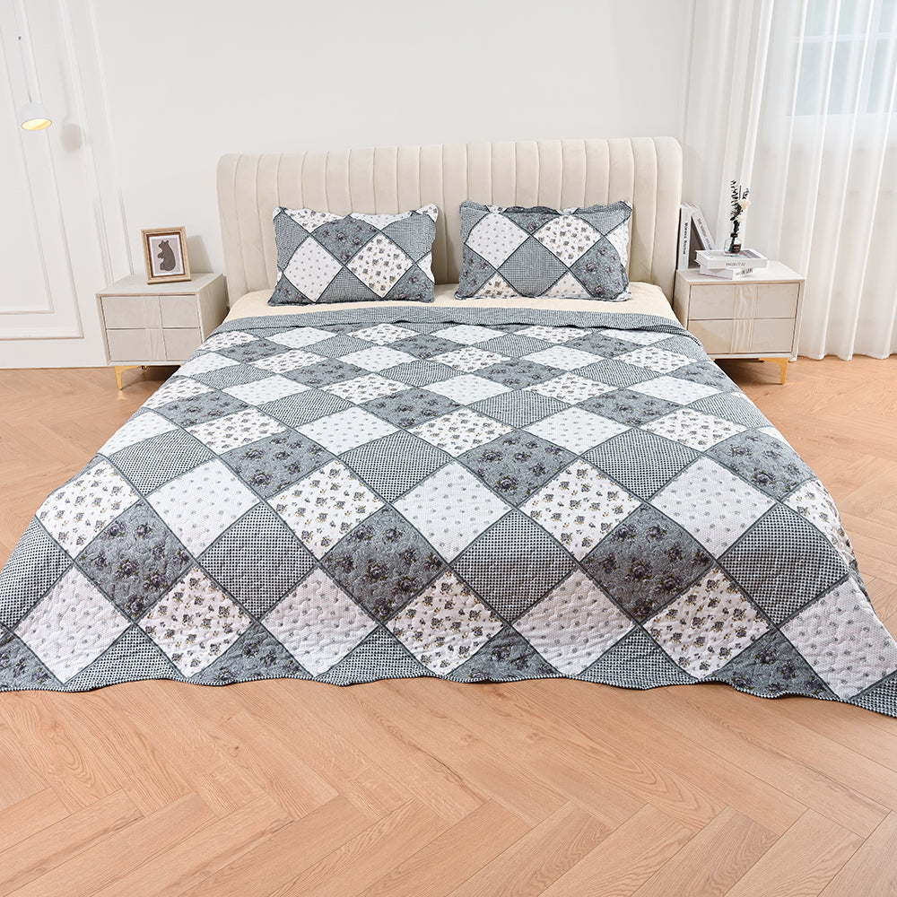 3 Piece Printed Patchwork Bedspread