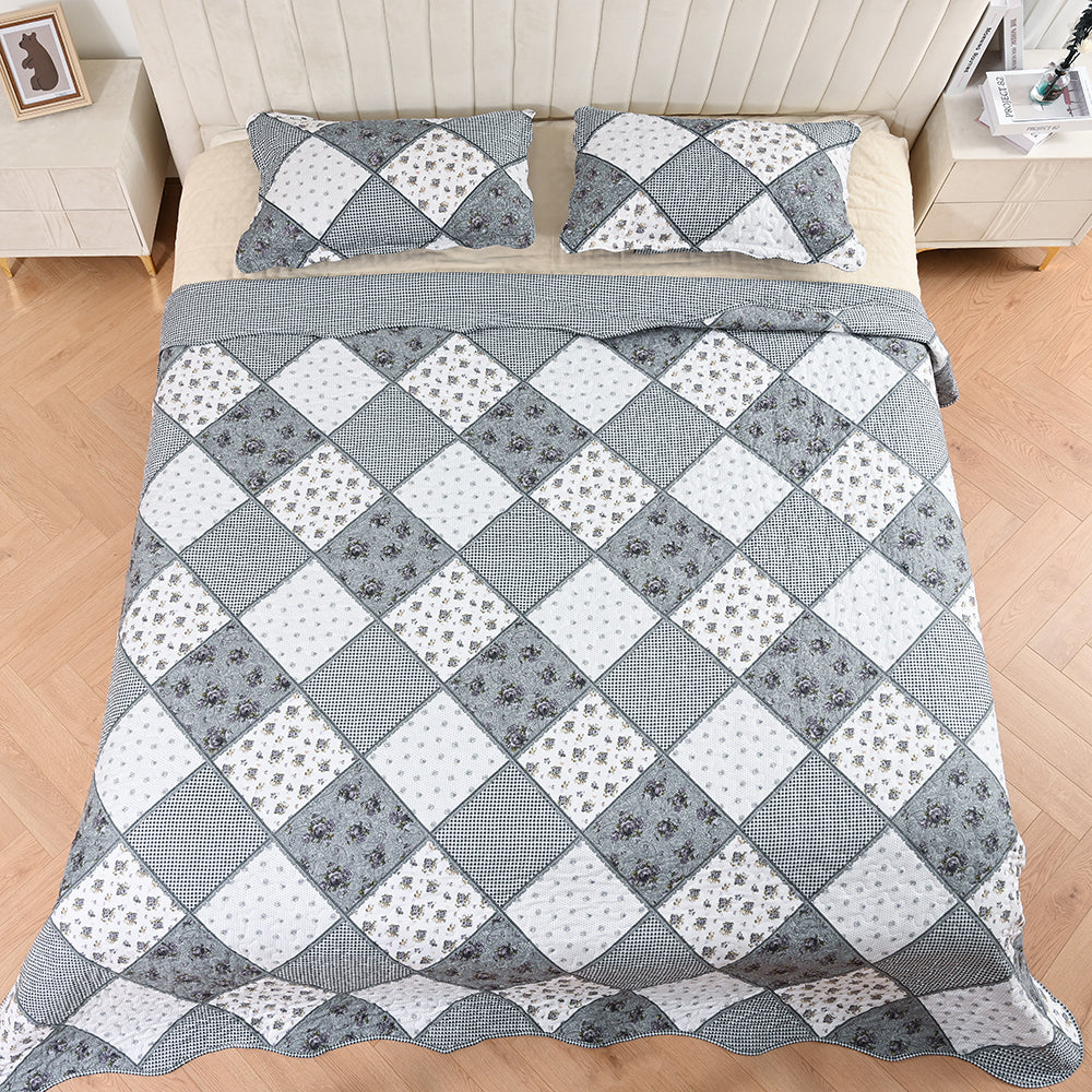 3 Piece Printed Patchwork Bedspread