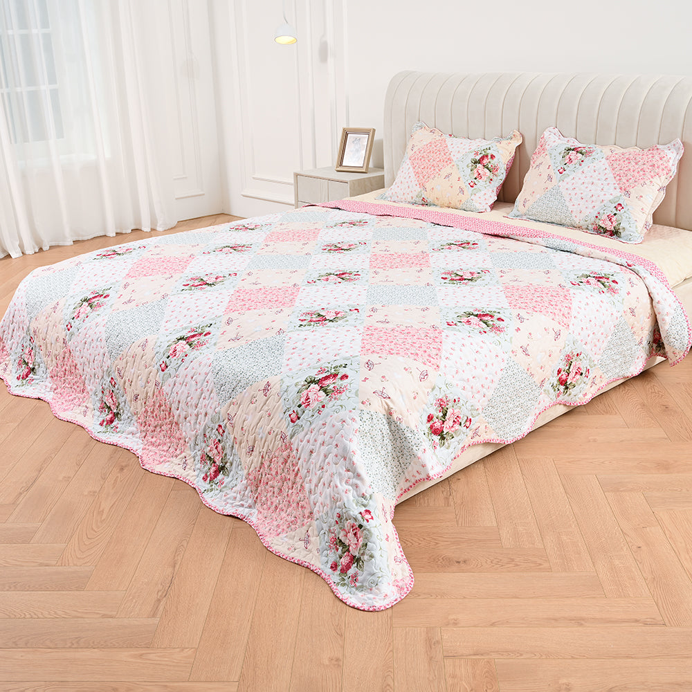 3 Piece Printed Patchwork Bedspread