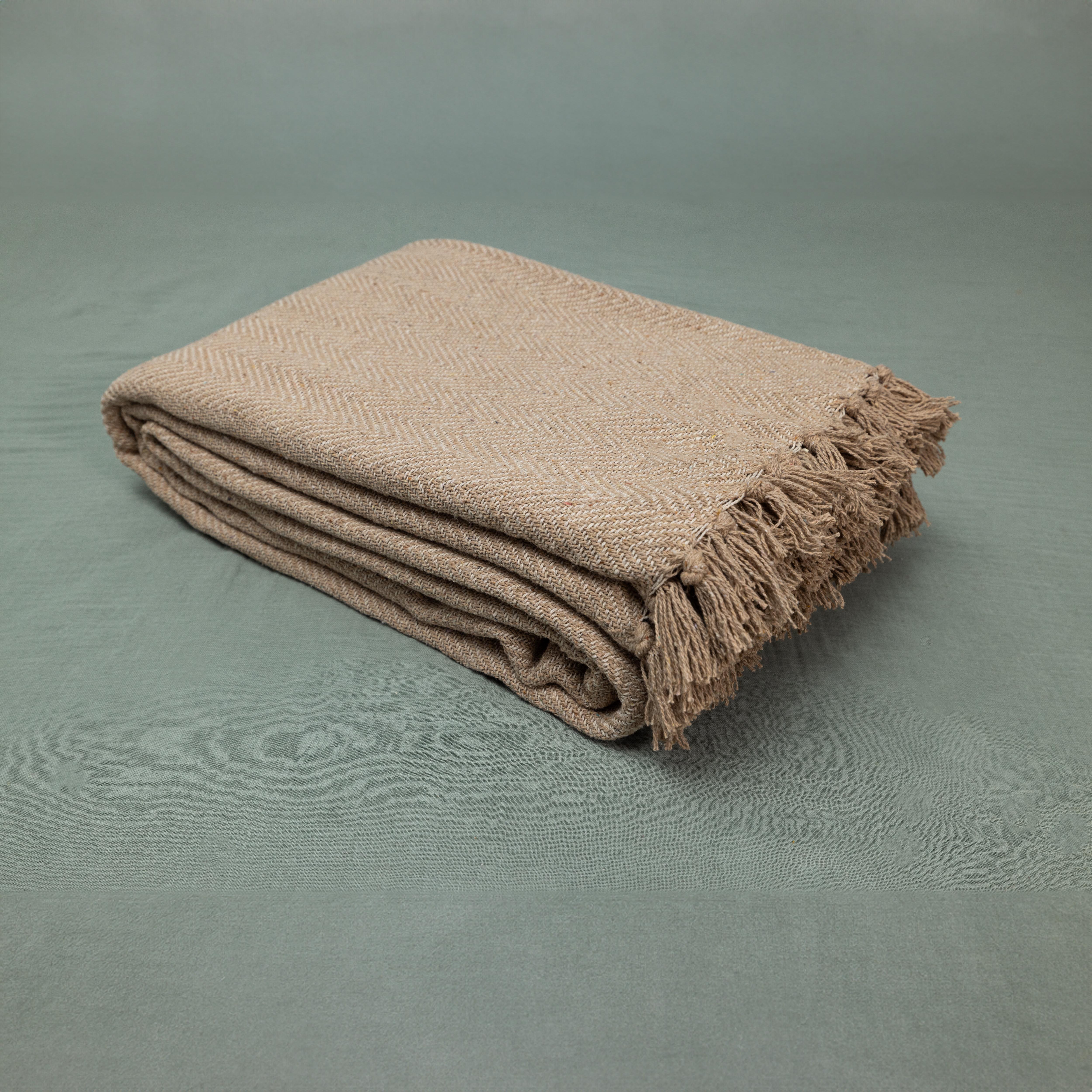 100% Cotton Throw Reversible Beige Blankets (Herringbone Pattern)