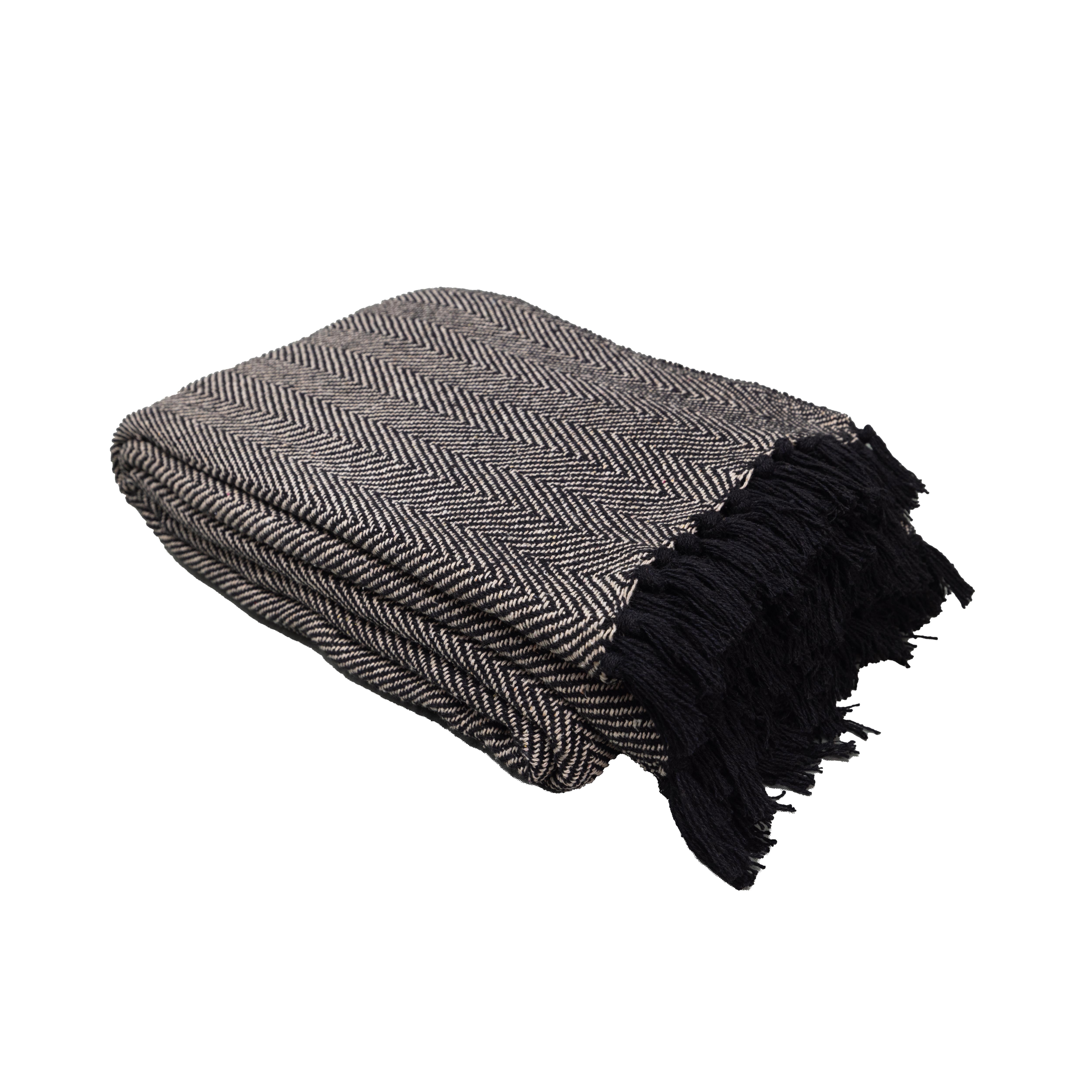 100% Cotton Throw Reversible Black Blankets (Herringbone Pattern)