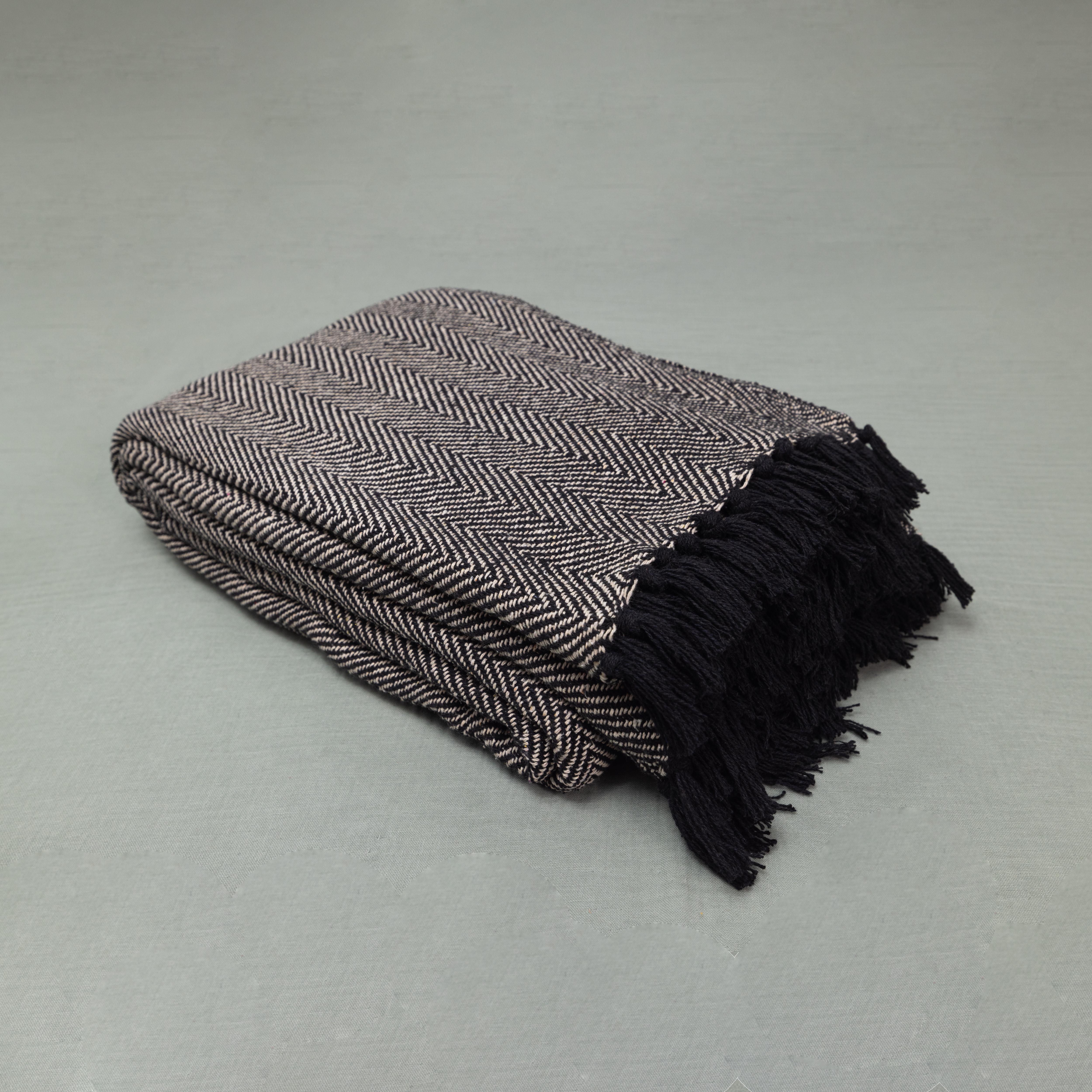 100% Cotton Throw Reversible Black Blankets (Herringbone Pattern)