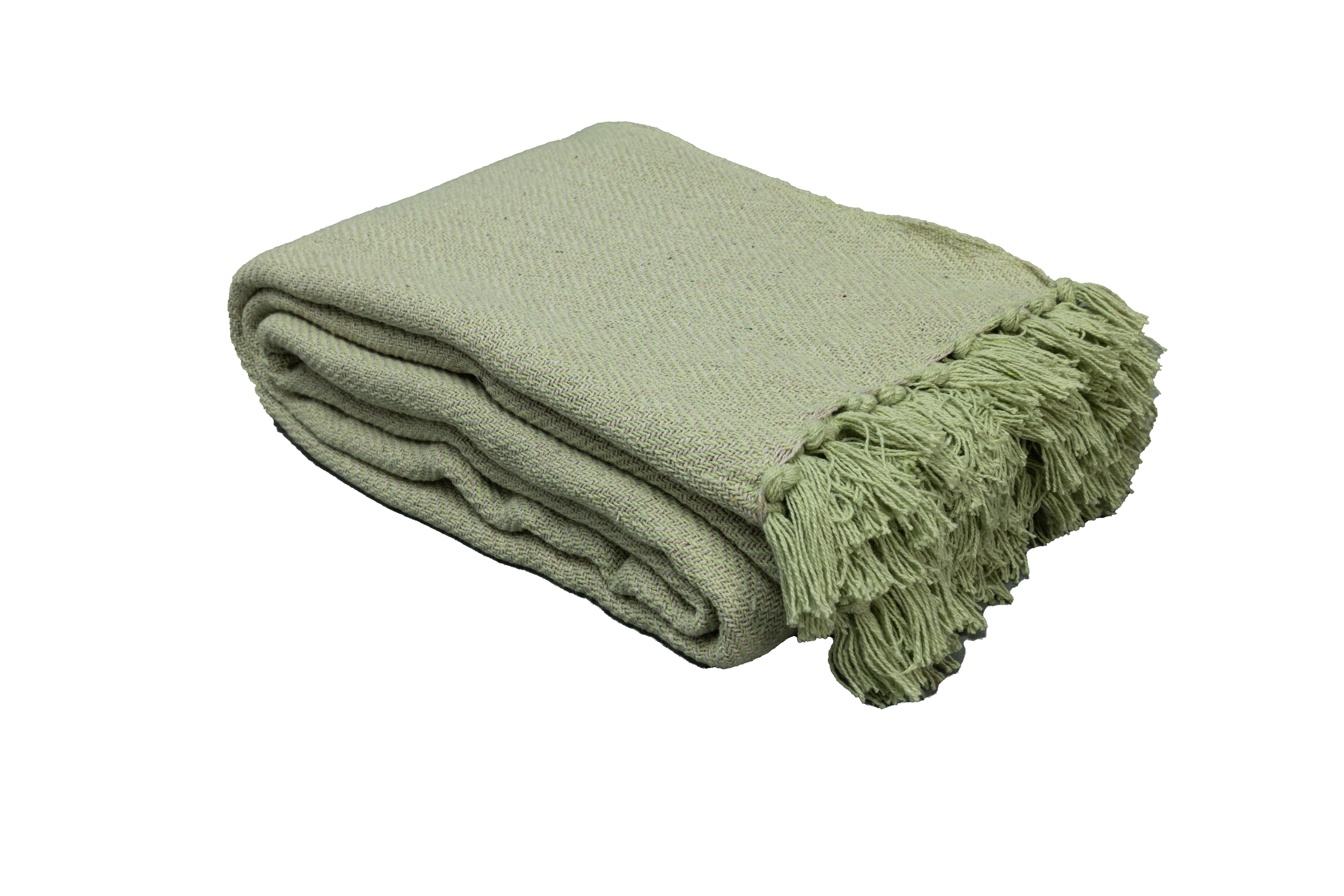 100% Cotton Throw Reversible Green Blankets (Herringbone Pattern)