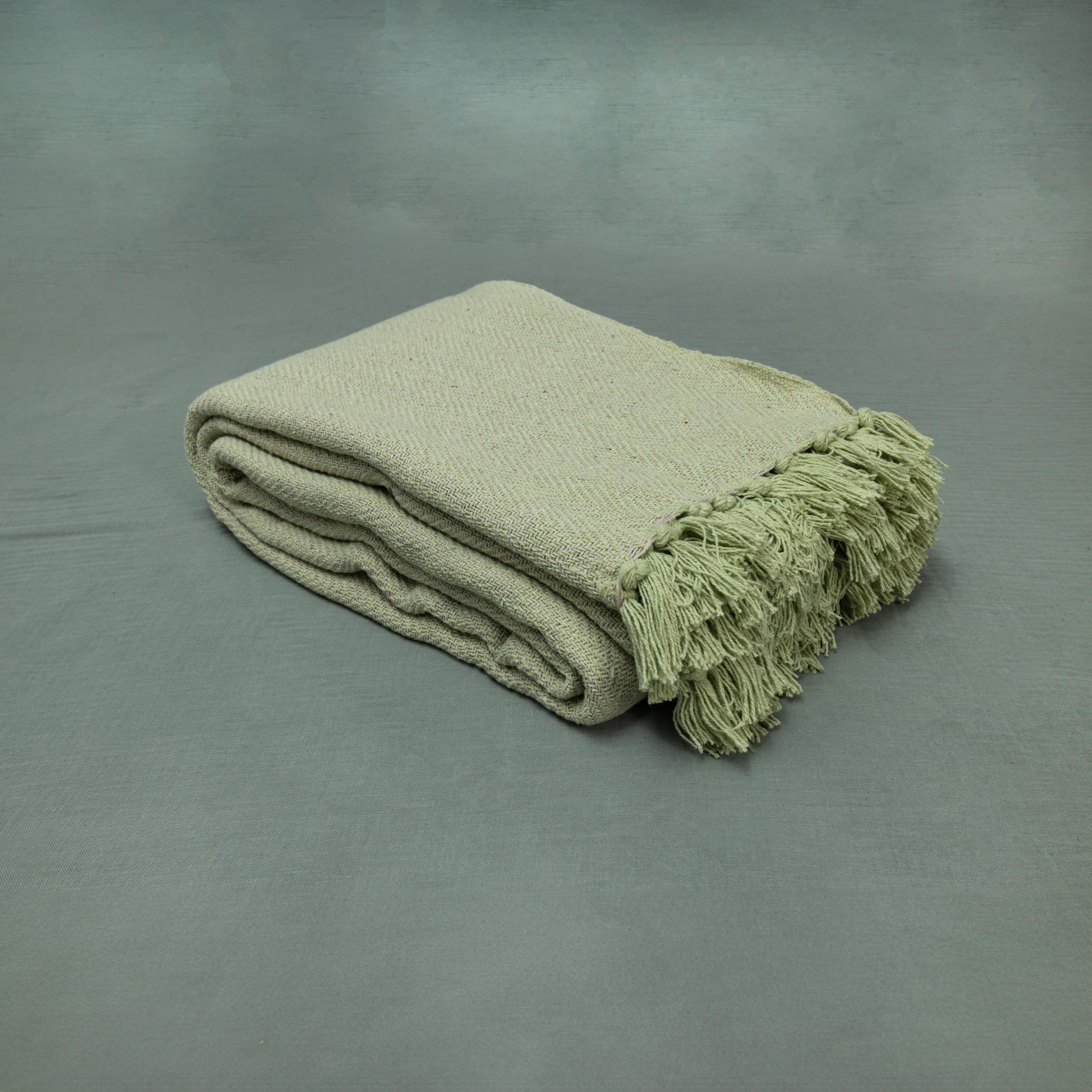 100% Cotton Throw Reversible Green Blankets (Herringbone Pattern)