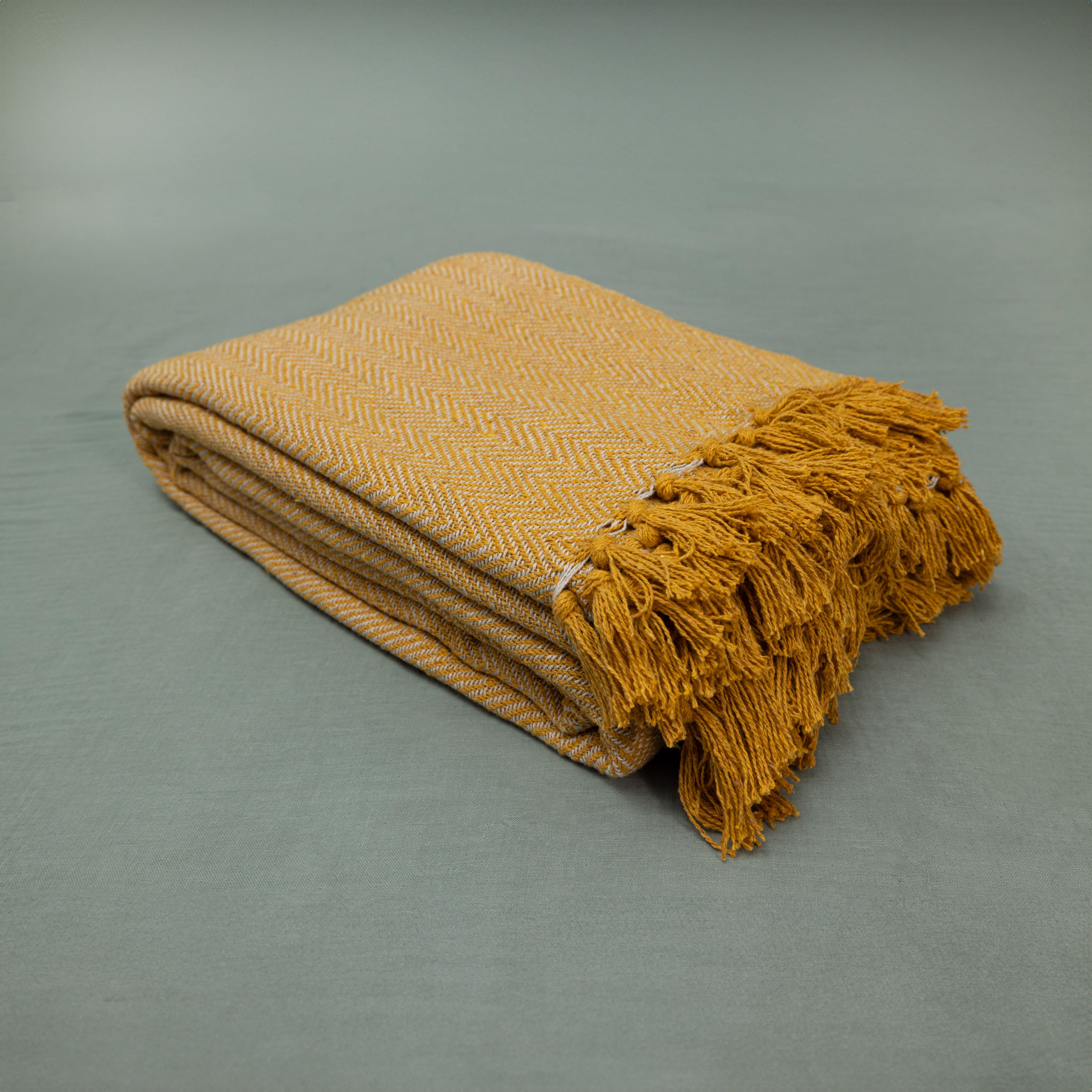 100% Cotton Throw Reversible Mustard Blankets (Herringbone Pattern)