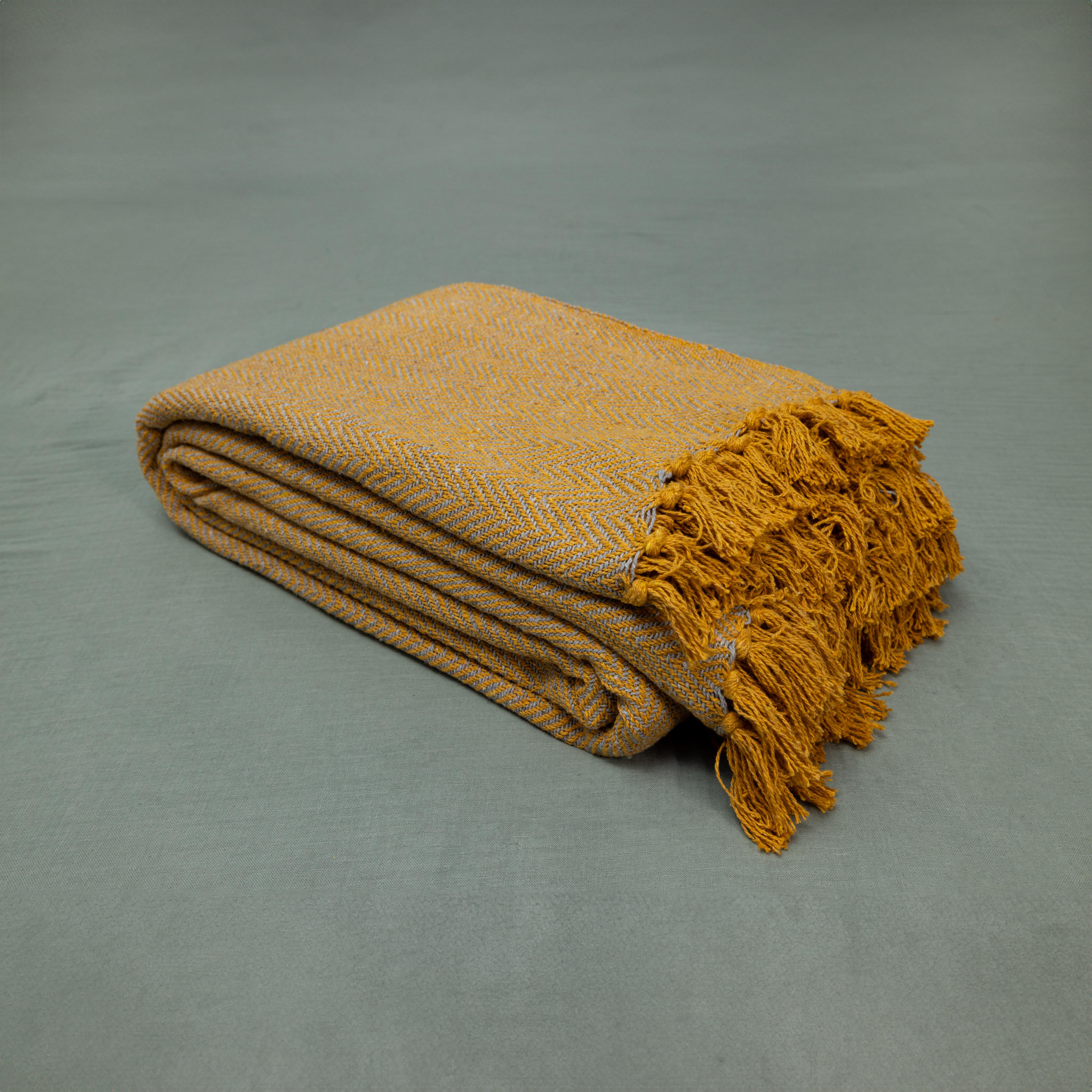 100% Cotton Throw Reversible Mustard Grey Blankets (Herringbone Pattern)