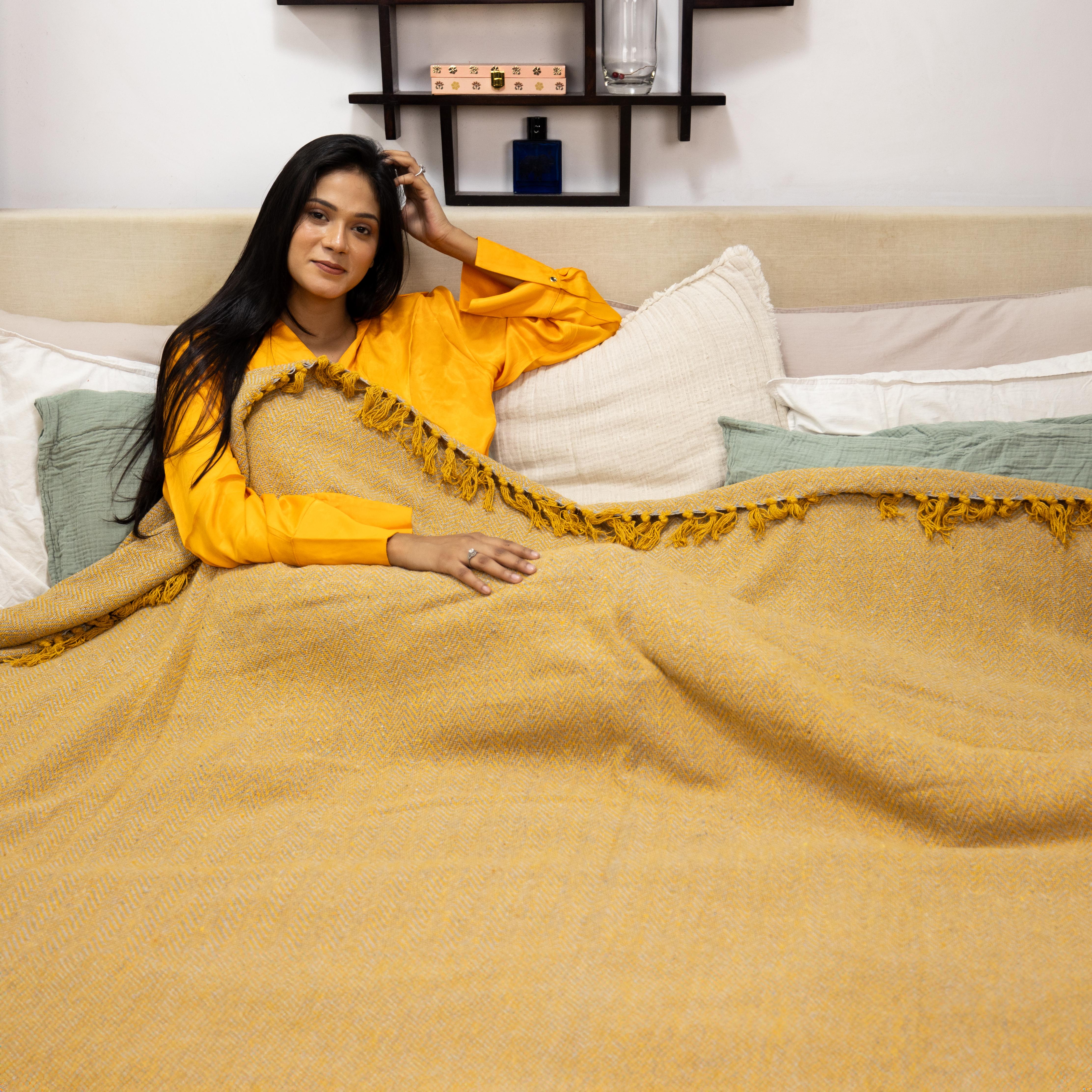 100% Cotton Throw Reversible Mustard Grey Blankets (Herringbone Pattern)