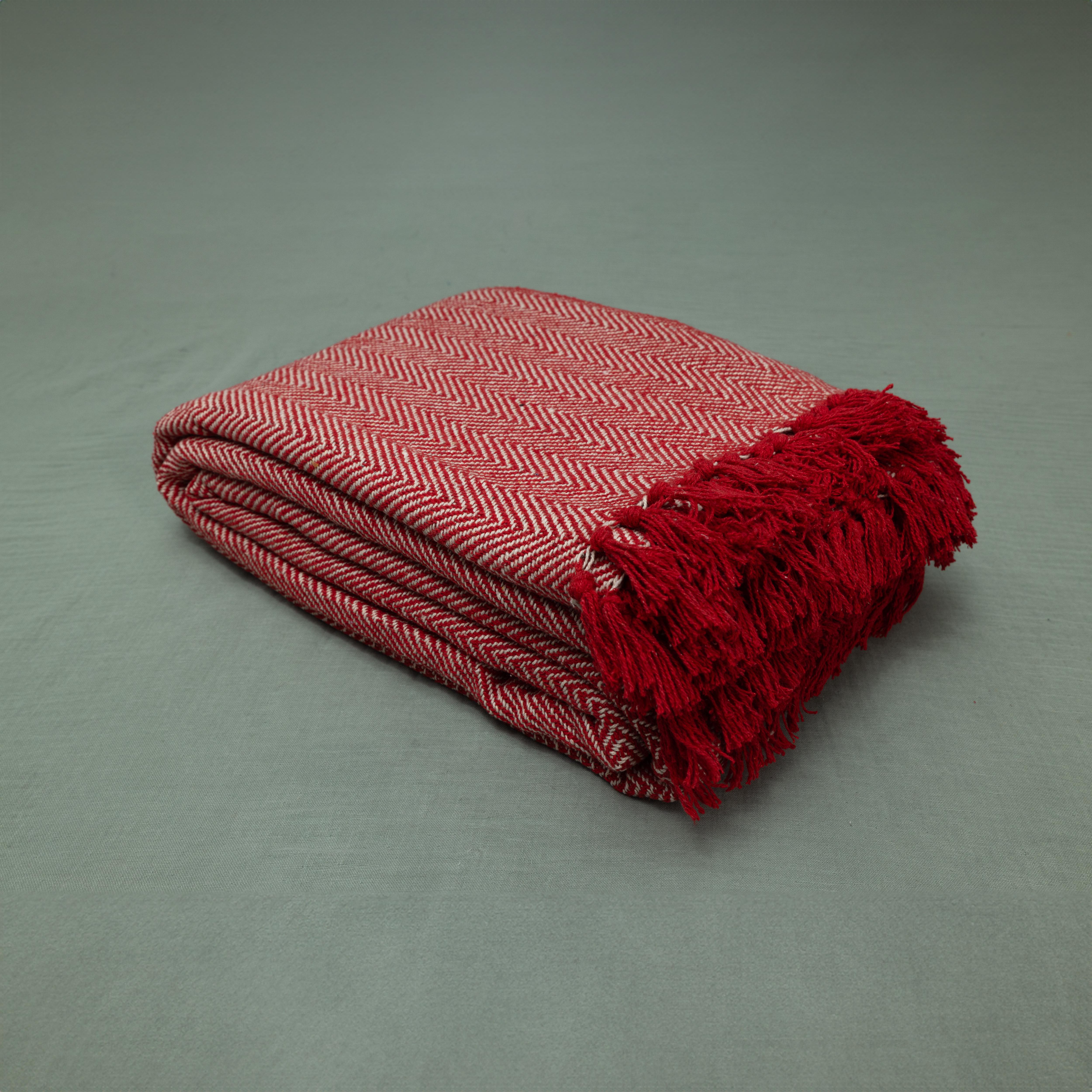 100% Cotton Throw Reversible Red Blankets (Herringbone Pattern)