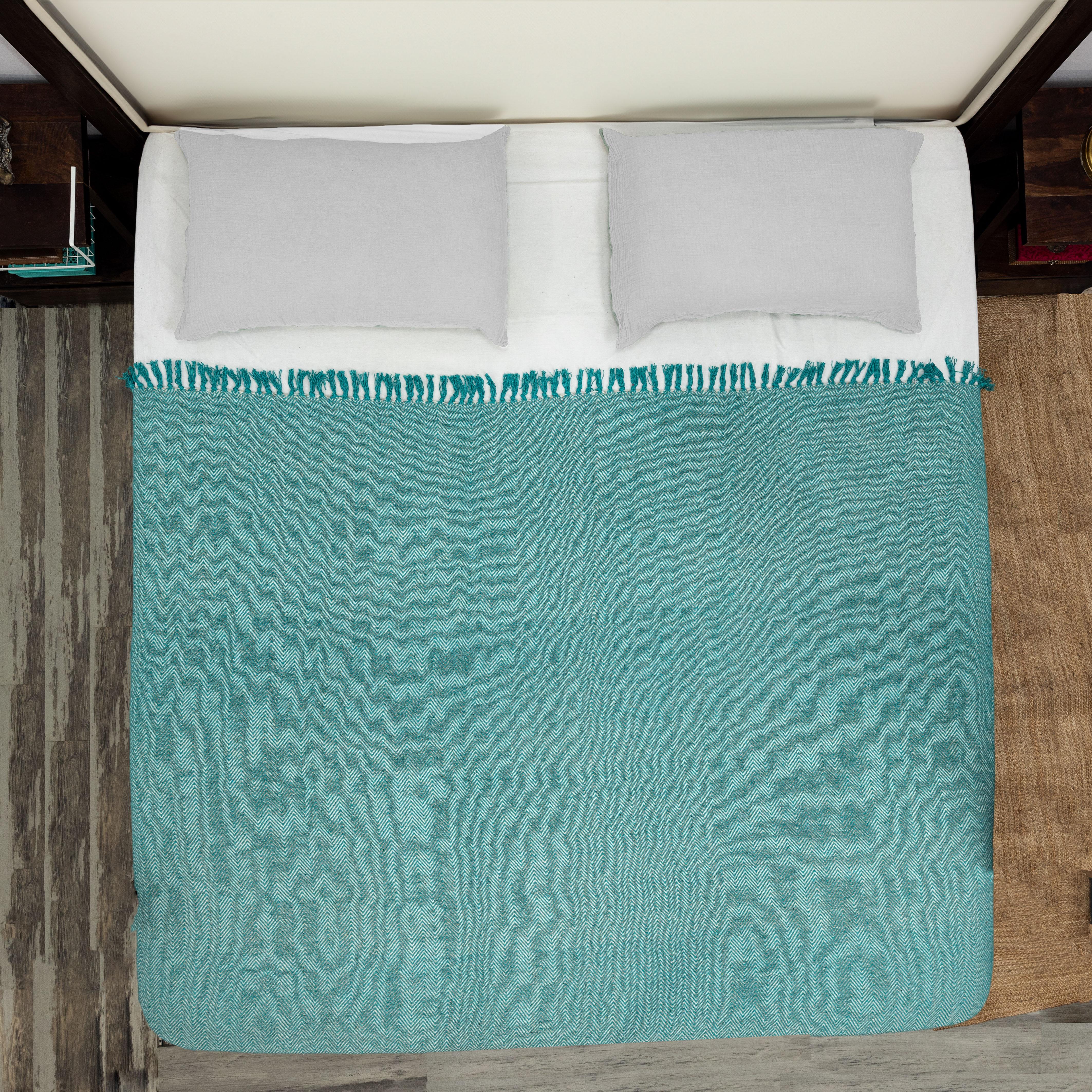 100% Cotton Throw Reversible Teal Blankets (Herringbone Pattern)