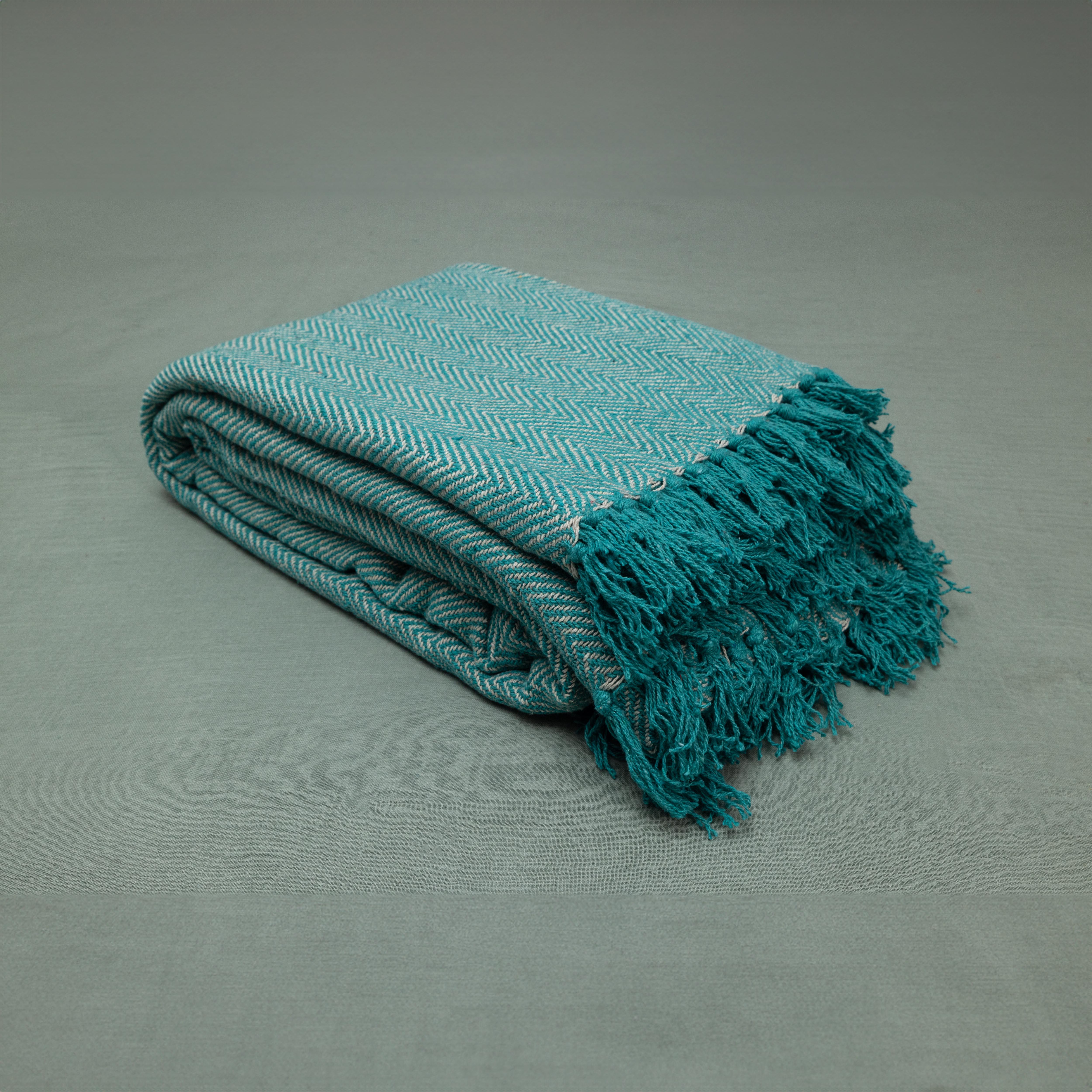 100% Cotton Throw Reversible Teal Blankets (Herringbone Pattern)