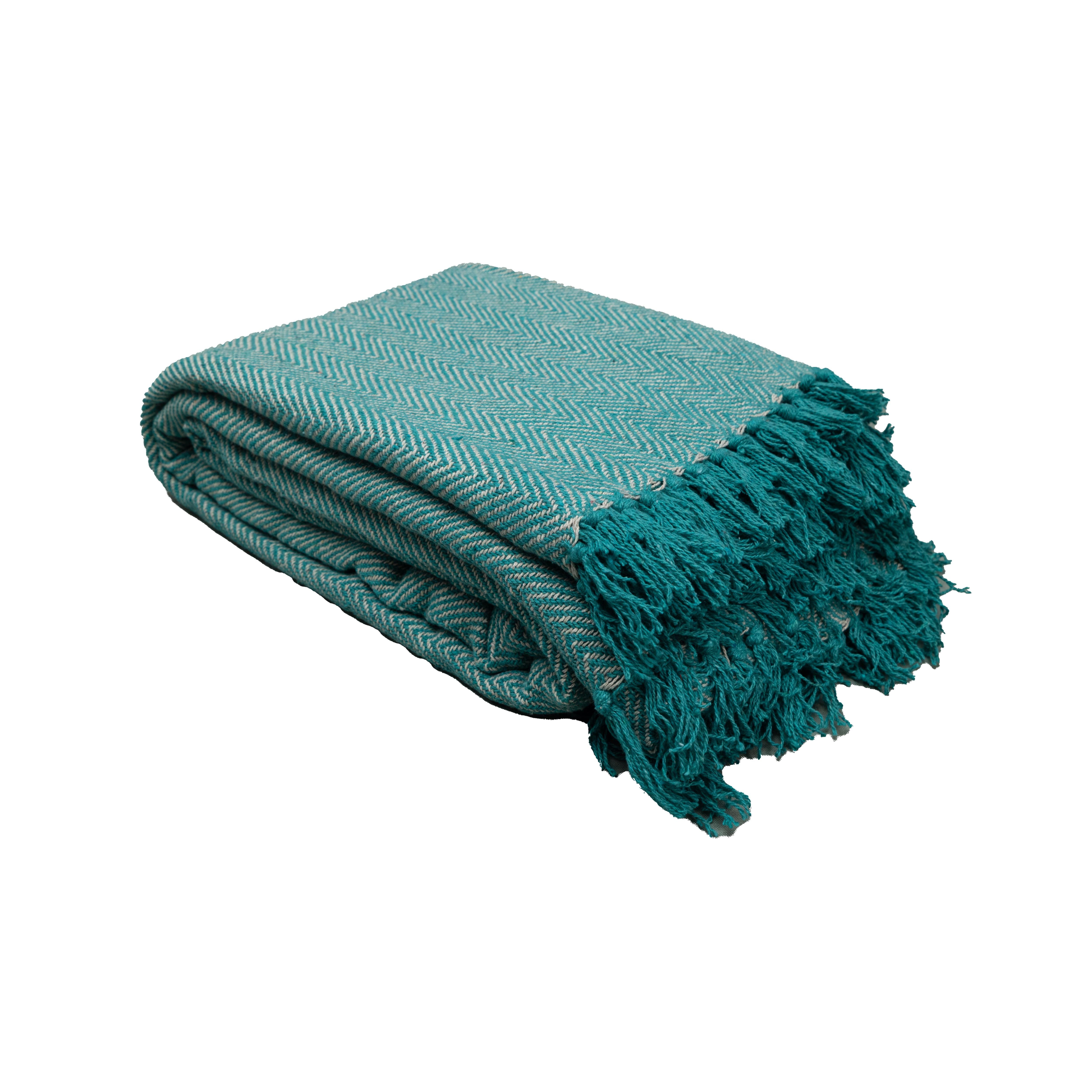 100% Cotton Throw Reversible Teal Blankets (Herringbone Pattern)