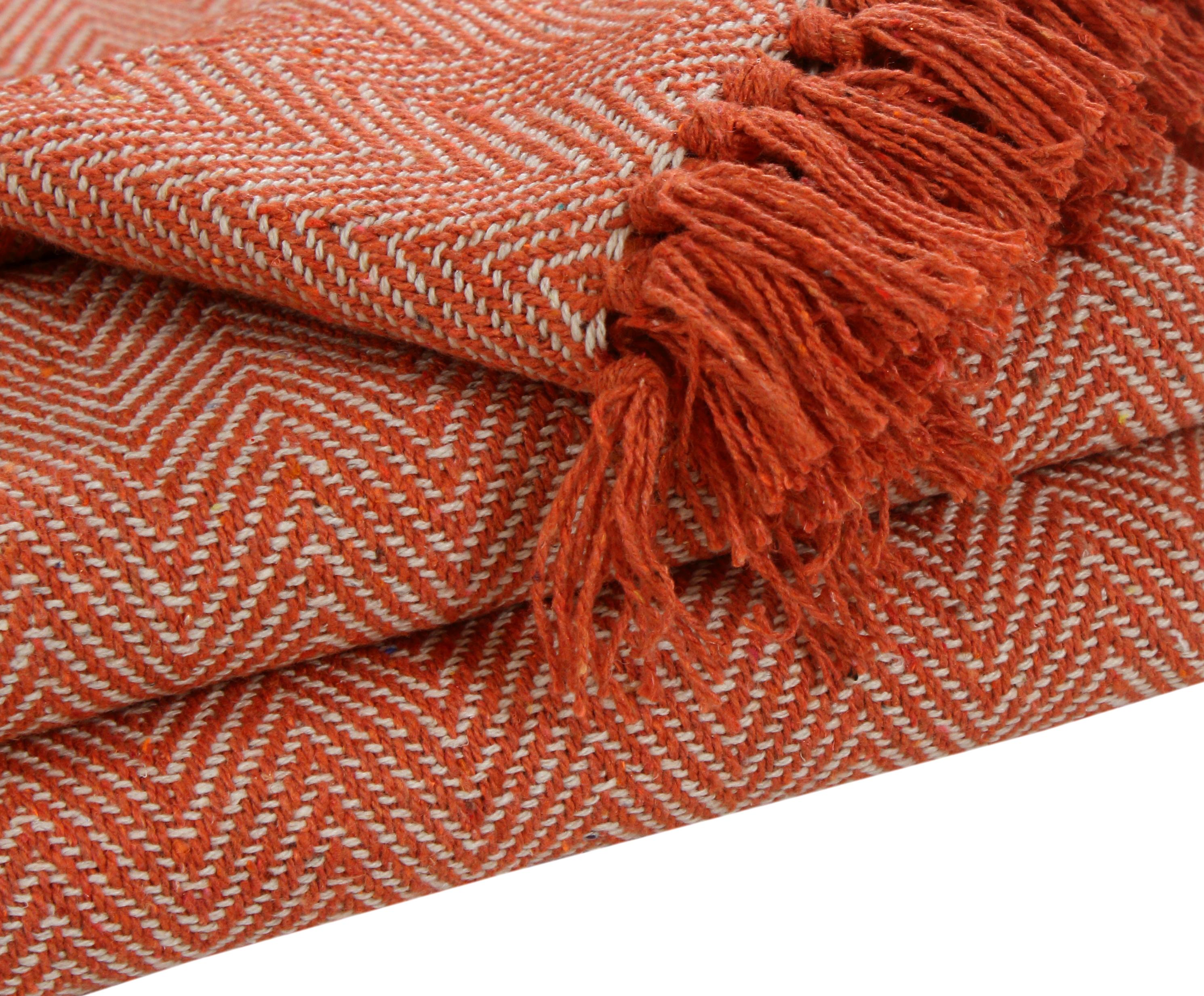 100% Cotton Throw Reversible Orange Blankets (Herringbone Pattern)